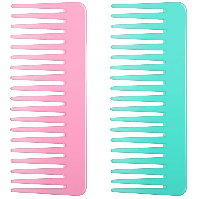 Wide and Large Detangling Comb for Long, Curly, Wet Hair - No Handle Styling and Shampoo Comb (2 Pieces - Pink, Cyan)