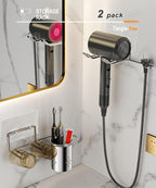 2 Pack Hair Dryer Holder, Self Adhesive Wall Mount Waterproof Blow Dryer Rack Storage Organizer Hanger, Compatible with Dyson and Most Hair Blower Appliance, Brush, Curling Iron, Straightener