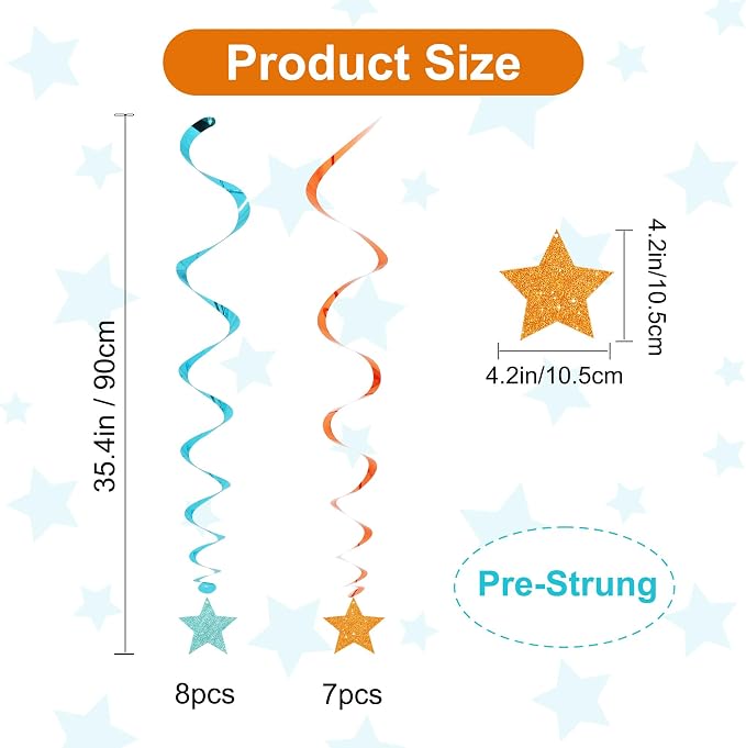 BEISHIDA Blue Orange Glitter Stars Hanging Swirls Pre-Strung Stars Hanging - Image 2