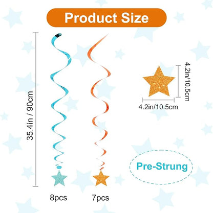 BEISHIDA Blue Orange Glitter Stars Hanging Swirls Pre-Strung Stars Hanging - Image 2