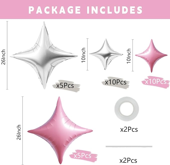 TONIFUL 30 Pcs Four Pointed Star Balloon 26In&10In Pink Silver Foil Balloon | - Image 2
