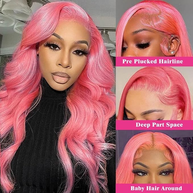 Pink Wig Human Hair 12A Body Wave Colored Wig Pre Plucked 13x4 Lace Front Wig 200 Density Pink Colored Hd Transparent Lace Frontal Wigs 30 Inch