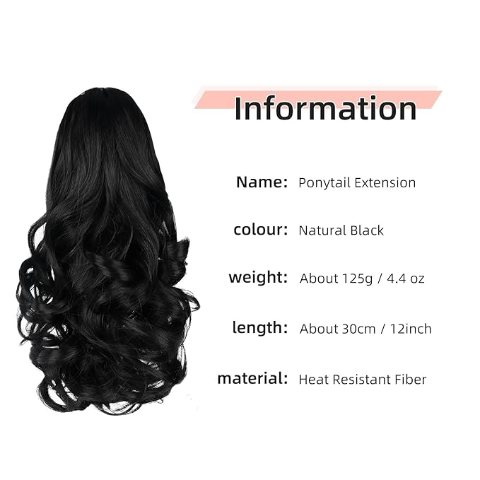 Ponytail Extension, Clip on Ponytails for Women, 12" Claw Clip in Short Curly Wavy Pony Hair Extension for Women - Natural Black