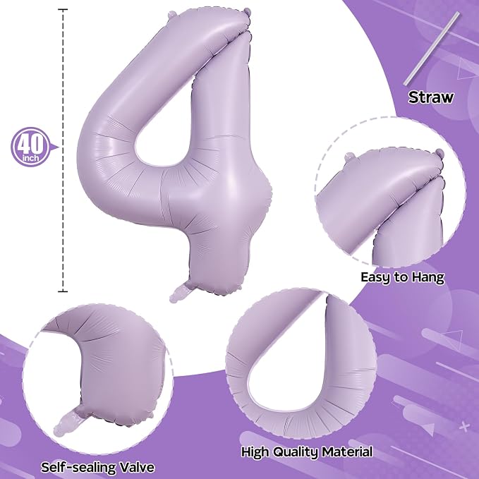 Light Purple Number 4 Balloons, 40 In Large Pastel Purple Number 4 Mylar Foil - Image 2