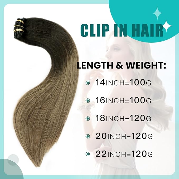 SURNEL Clip in Hair Extensions Natural Black to Chocolate Brown and Caramel Blonde Human Hair Clip in Extensions 20inch 6pcs 120g(#1B/4/27,20'')