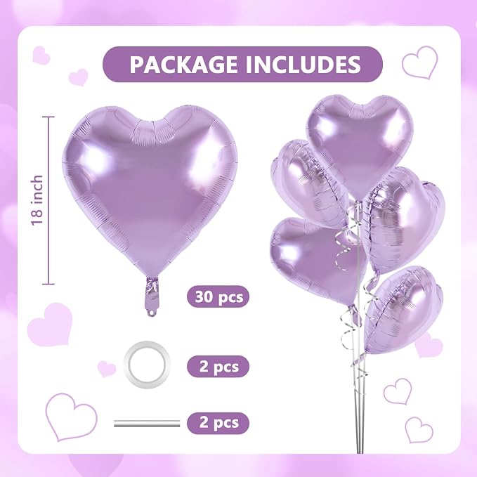 TONIFUL 30 Pcs Light Purple Heart Balloons 18 Inch Heart Shape Foil Balloon | - Image 2