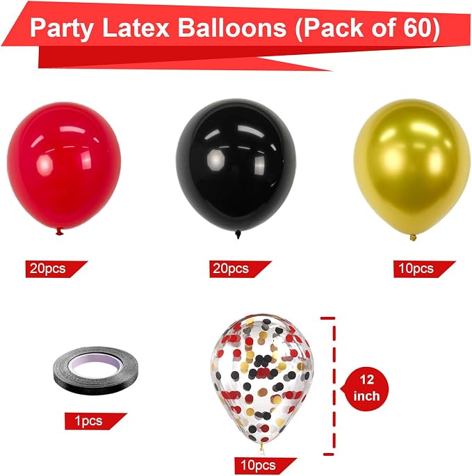 Bezente Red Black and Gold Confetti Balloons Set 60pcs 12 inch | Metallic - Image 2