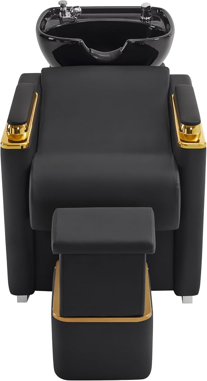 BarberPub Backwash Shampoo Station Chair with Porcelain Ceramic Hair Wash Bowl, Vacuum Breaker, Professional Black&Gold Shampoo Chair and Bowl Unit for Salon and Spa 8613 (Black)