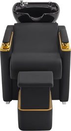 BarberPub Backwash Shampoo Station Chair with Porcelain Ceramic Hair Wash Bowl, Vacuum Breaker, Professional Black&Gold Shampoo Chair and Bowl Unit for Salon and Spa 8613 (Black)