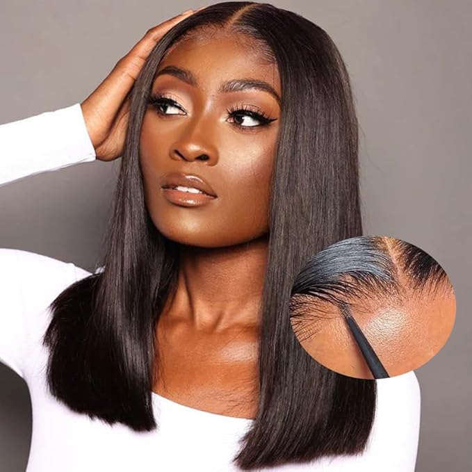Wear and Go Glueless Bob Wig, 16 Inch, 180% Density, Human Hair, Natural Black, No Shedding, No Tangle, Adjustable Elastic Cap