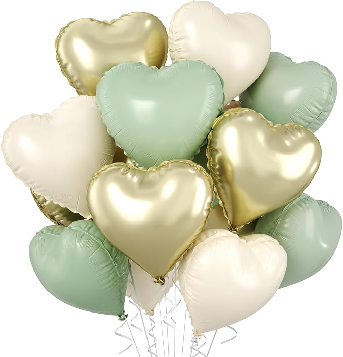 Sage Green Gold Heart Balloons, 18 Inch Olive Green Sand White Foil Balloons by BIAPIAN