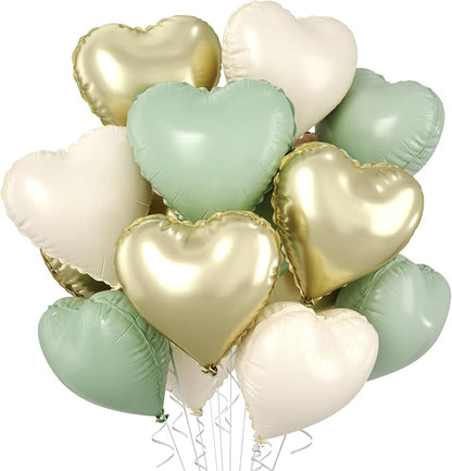 Sage Green Gold Heart Balloons, 18 Inch Olive Green Sand White Foil Balloons by BIAPIAN