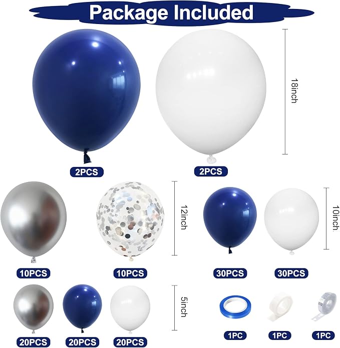 144PCS Navy Blue Silver Balloons Garland Kit, 18 12 10 5 inch Blue White - Image 2