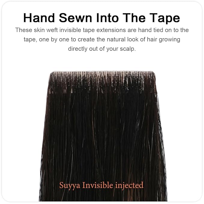 SUYYA Invisible Tape in Hair Extensions Human Hair Seamless Injected Hand-Tied Pro Virgin Human Hair Tape Ins Balayage Natural Black to Chestnut Brown 20PCS 50G/Pack Straight(18 inch #P1B/6/T1B)