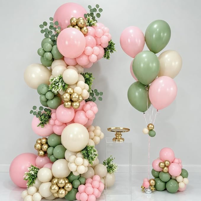 Pink and Green Balloons, 12 Inch Sage Green and Light Pink Gold White Balloons - Image 5
