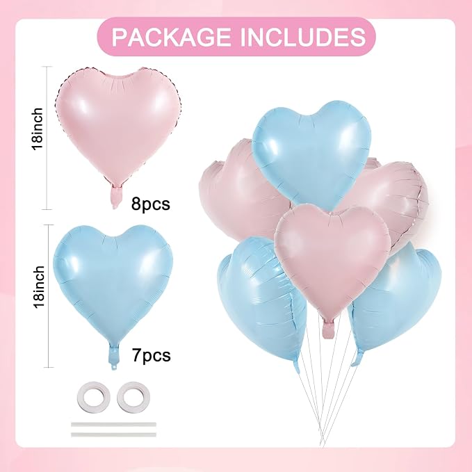TONIFUL 15 Pcs Pink Blue Heart Balloons 18 Inch Heart Shape Foil Balloon | - Image 2