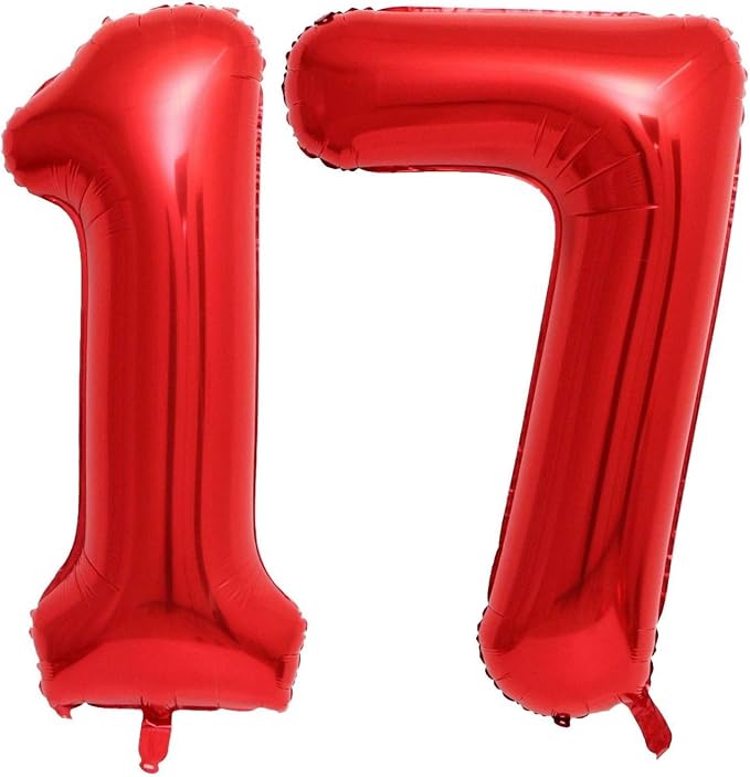 Red 17 Number Balloons, 40 Inch 17 Balloons Foil Mylar Helium Big Red 17 by BBPOOL