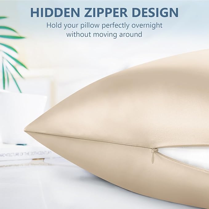 Silk Pillow Cases 2 Pack King Size Mulberry Silk Pillowcase Set of 2 for Hair & Skin 36 x 20 Inches 22 Momme Both Sided Grade 6A Silk Soft Breathable Cooling with Hidden Zipper, Beige