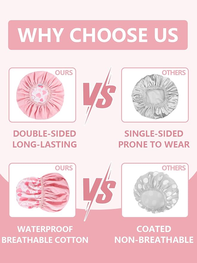 Years Calm Shower Caps For Women Reusable Waterproof，Pattern And Solid Color Dual-Layer Design For Dual-Layer Usable，Protects Hair In Shower, Spa, Cooking, Clean & Travel (Pink, One Size)