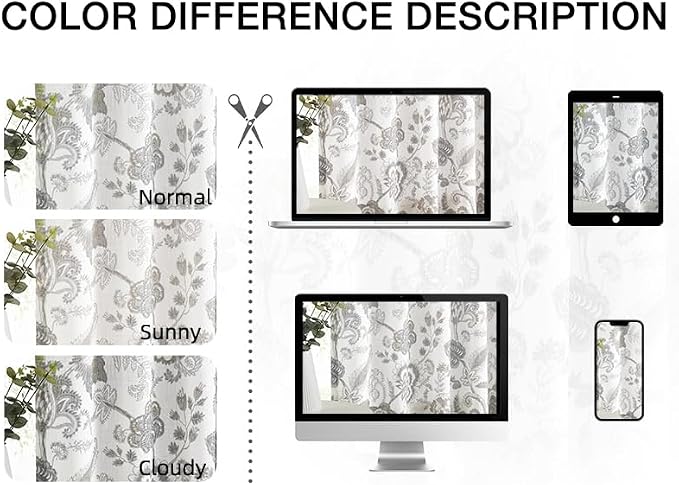 Kayne Studio Grey Floral Botanical Rod Pocket Semi Sheer Curtains 95 Inches | - Image 7