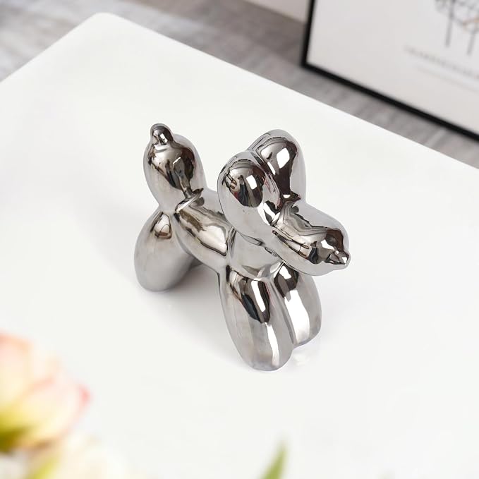 Notakia Silver Balloon Dog Ceramic Statue, Handmade Small Modern Animal Figurine - Image 7
