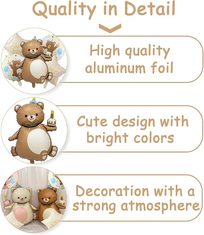 Matte Bear Birthday Party Balloons, Big Brown Bear Foil Balloons Set | Animal - Image 4