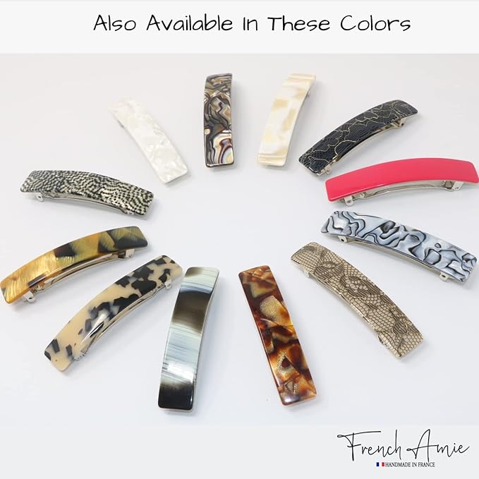 French Amie Oblong Handmade 3.5" Celluloid Automatic Hair Clip Barrette French Hair Clip for Girls Strong Hold Hair Clips for Women No Slip Durable Paris Hair Accessories, Made in France (White Tokyo)