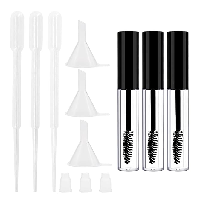 Debaishi 3 Pack 10ml Empty Mascara Tube Bottle with Eyelash Wand, Rubber Inserts, Funnels and Tubes, Cream Container Bottle with Funnels and Transfer Pipettes, for Castor Oil/Eyelash Growth Oil