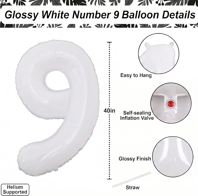 White Number 9 Balloon 40 Inch, Large Matte White Mylar Foil Number 9 Balloon - Image 4