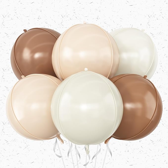 Sand White Brown Round Foil Balloons 6Pcs, Giant 4D Round Ball Balloons by Adorely