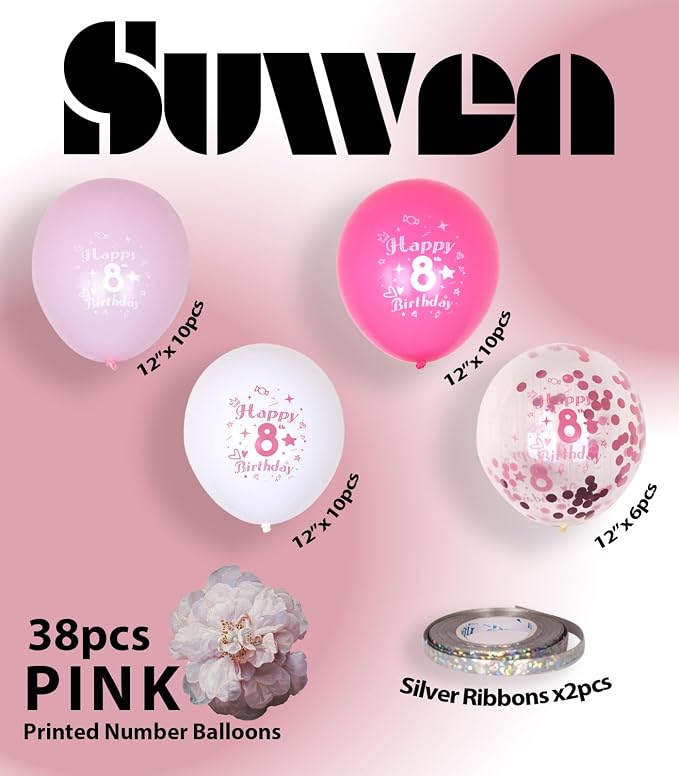SUWEN Pink 8th Number Printed Balloons 38PCS 12 Inch | 1-9 Latex Balloons Happy - Image 4