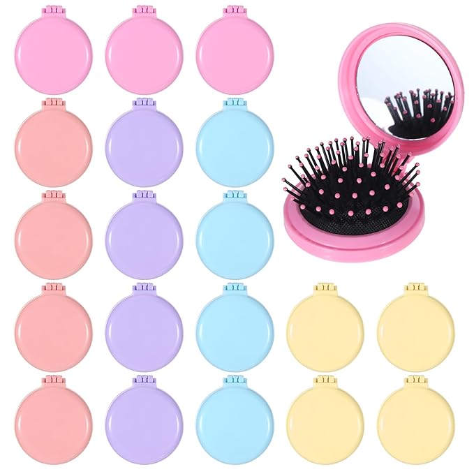 20PCS Mini Hair Brush Bulk,Compact Folding Travel Hair Brushes with Mirror,Mini Travel Brush for Women Girls in 5 Colors