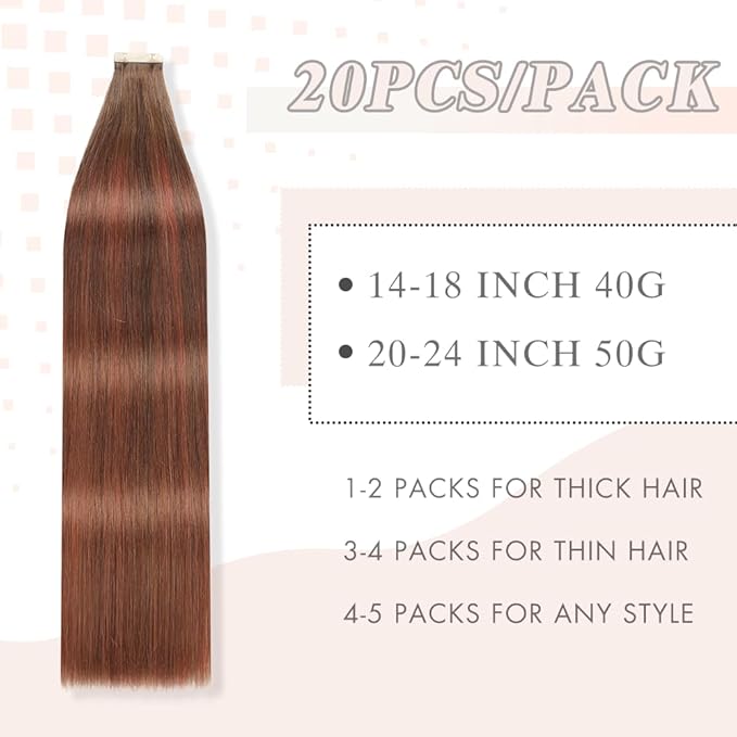 Human Hair Tape in Extensions Chocolate Brown to Auburn Brown 22 Inch 20pcs Seamless Skin Weft Tape in Hair Extensions Double Sided Invisible Tape in Hair Extensions Human Hair (#4/33/4,22 Inch)
