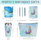 Personalized Gifts Monogrammed Birthday Gifts for Women, Maid of Honor Bachelorette Wedding Christmas Initial 20 oz Tumbler, Makeup Bag Cup Pens Journal Notebook 6 Set, (Aesthetic Blue Flower J)