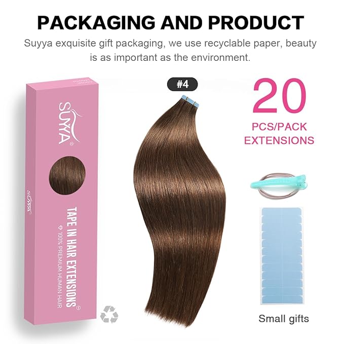 SUYYA Tape in Hair Extensions Chocolate Brown 100% Remy Human Hair 16 inches 20pcs 40g/pack Straight Seamless Skin Weft Tape Hair Extensions(16 inch #4 Dark Brown)