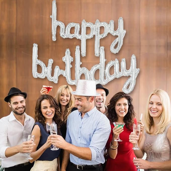 TONIFUL 16 Inch Silver Cursive Happy Birthday Balloons Banner Decorations | - Image 5