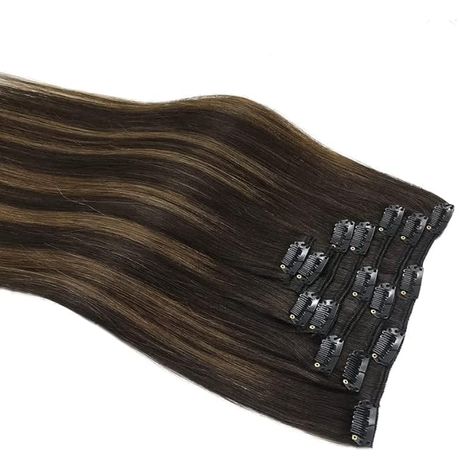 GOO GOO Clip in Hair Extensions Real Human Hair, Remy Human Hair Extensions Clip ins for Women, Natural Human Hair, 12inch 85g 7Pcs, 2/6/2 Balayage Dark Brown to Chestnut Brown