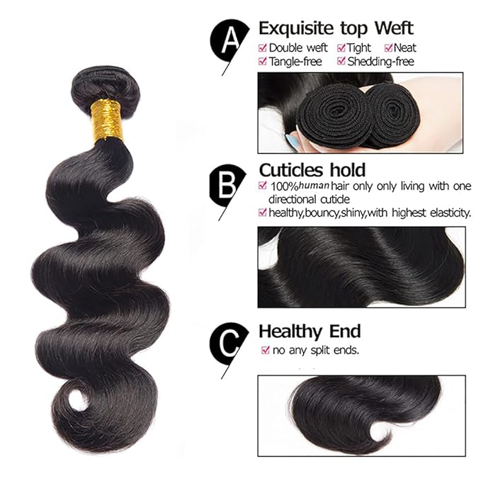 28 30 32 Inch Color 1B Body Wave Bundles Natural Black Human Hair Bundles Niegmeag Brazilian Virgin Remy Hair Extensions Double Weft Soft and Silky Body Wave Bundle Hair Weave