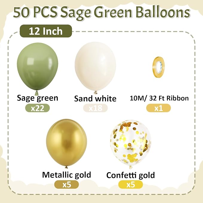 Sage Green and Gold Balloons, 12 Inch Metallic Gold Confetti Avocado Green Sand - Image 2