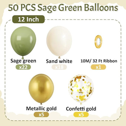 Sage Green and Gold Balloons, 12 Inch Metallic Gold Confetti Avocado Green Sand - Image 2
