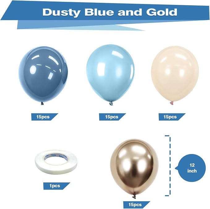 Bezente Dusty Blue Gold Party Latex Balloons Kit 60pcs 12-in - Image 2