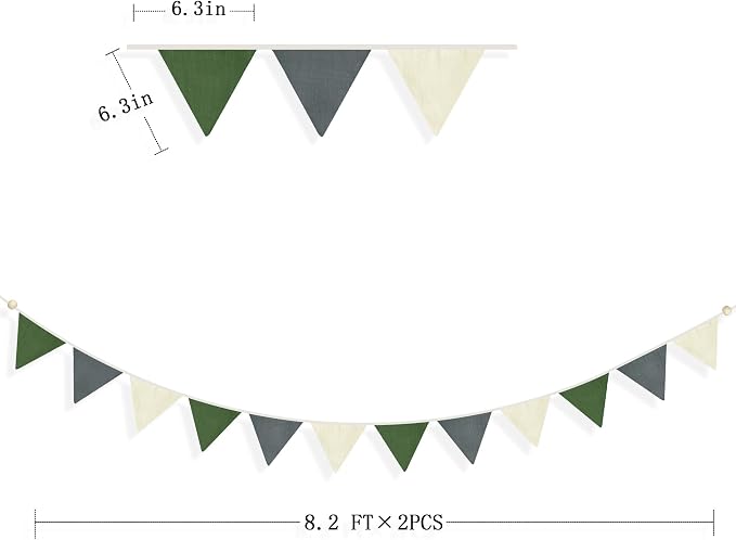 2 Sets of Green Grey Beige Nursery Garland 24Pcs Woodland Fabric Linen Pennant - Image 2