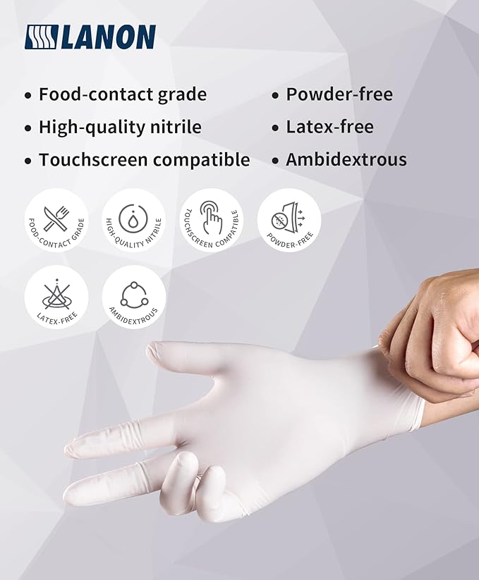LANON Food Safe White Disposable Nitrile Gloves, Latex-Free, Powder-Free, Textured Fingertips, Cooking, Cleaning, Small