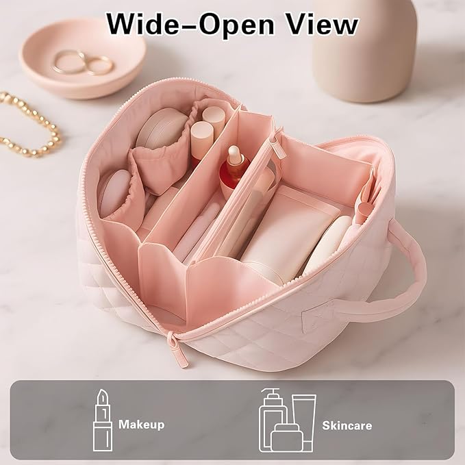 Cosmetic Bag for Travel, Large Capacity Pouch Purse Organizer, Waterproof Puffy Padded Make Up Toiletry Bag for Women (White)