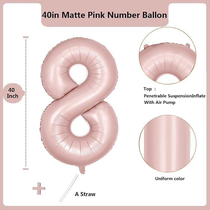 40 inch Pink Number Balloon Light Pink 8 Balloon Matte pink Number 8 Balloon - Image 2