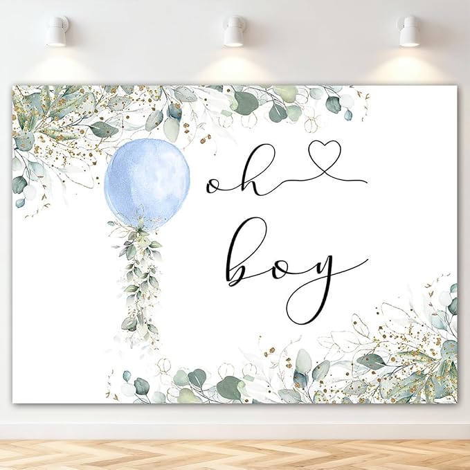 Mocsicka Greenery Oh Boy Baby Shower Backdrop 7x5ft | Blue Balloon, Botanical by Mocsicka