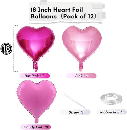 Pink Mixed Heart Balloons, 18 Inch 12 Pcs Hot Pink Foil Heart Shape Balloons - Image 2