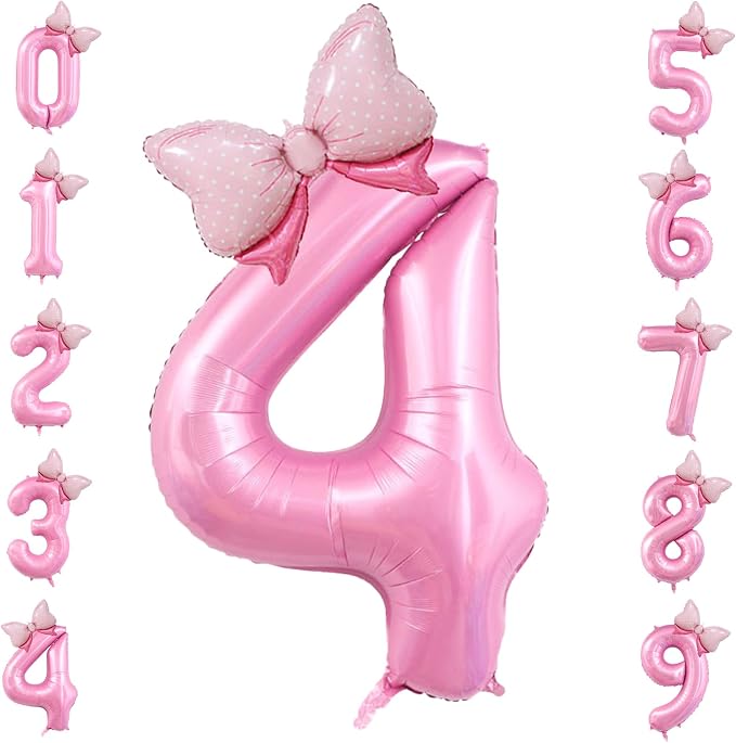 40 inch Number 4 Balloon with Bow Pink Happy Birthday Jumbo Number Balloon by OIBUTUR
