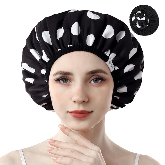 Years Calm Shower Caps For Women Reusable Waterproof，Pattern And Solid Color Dual-Layer Design For Dual-Layer Usable，Protects Hair In Shower, Spa, Cooking, Clean & Travel (Black, Extra Large)