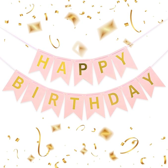 Pink Happy Birthday Banner - 16 ft Pre-Strung Gold & Pink Birthday Party by ZgimiPartyHome